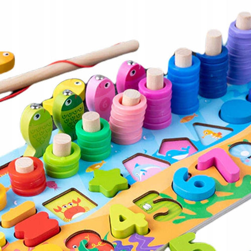 6-in-1 Montessori Wooden Educational Board for Toddlers – Fishing, Puzzles, Shapes & More