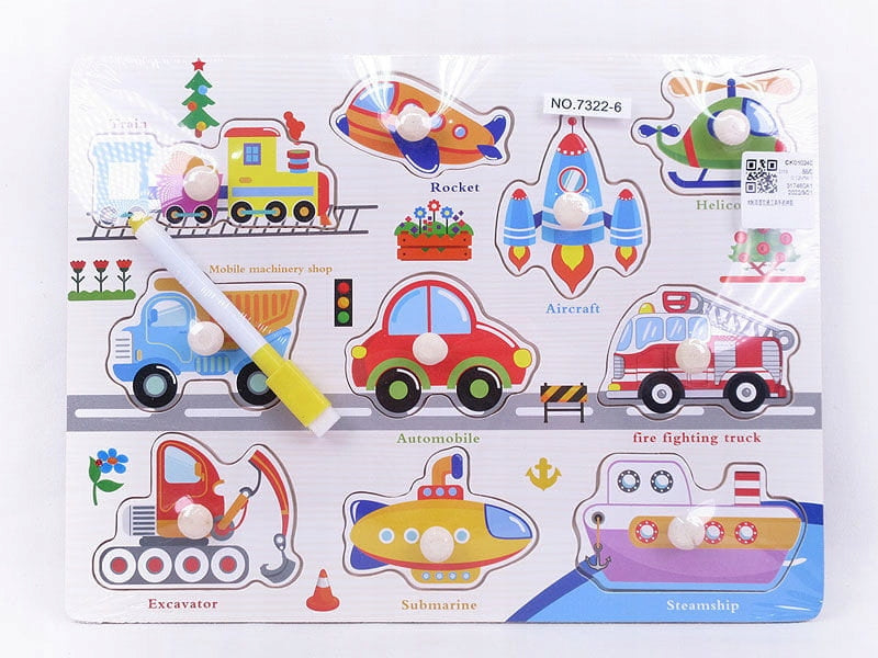 Wooden Vehicles Peg Puzzle with Whiteboard - 9 Piece Educational Toy