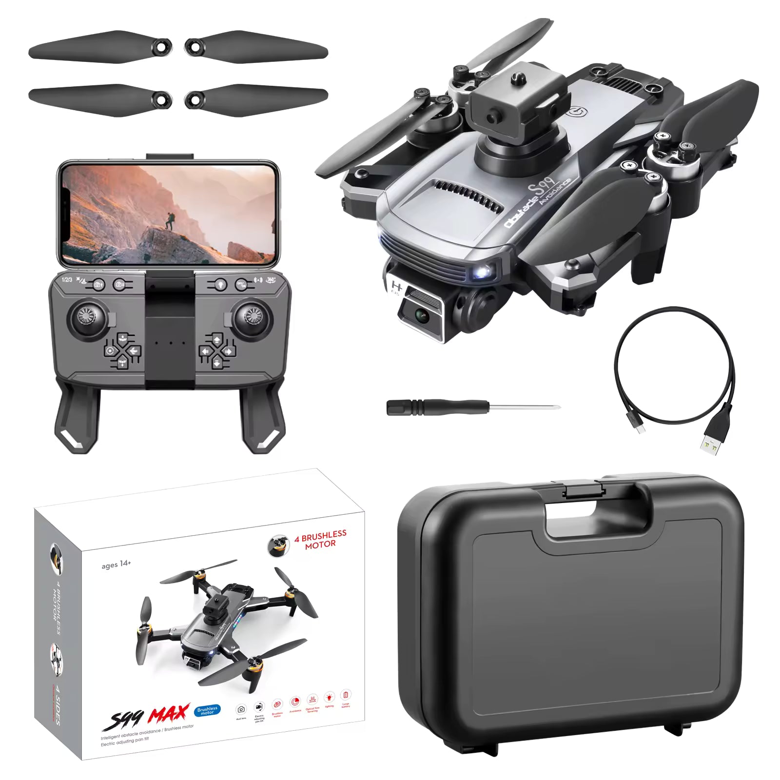 S99 Max Mini Drone - Brushless Motor, 4-Side Obstacle Avoidance, 4K Dual Camera, Optical Flow