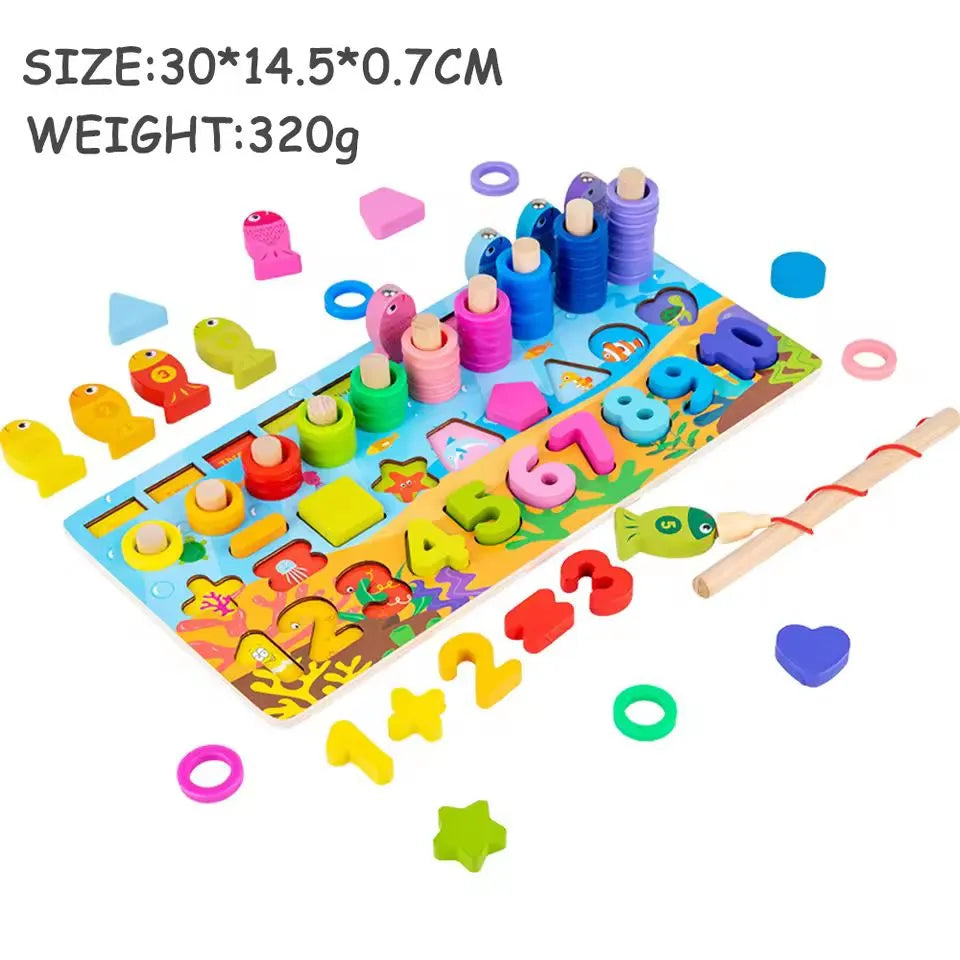 6-in-1 Montessori Wooden Educational Board for Toddlers – Fishing, Puzzles, Shapes & More