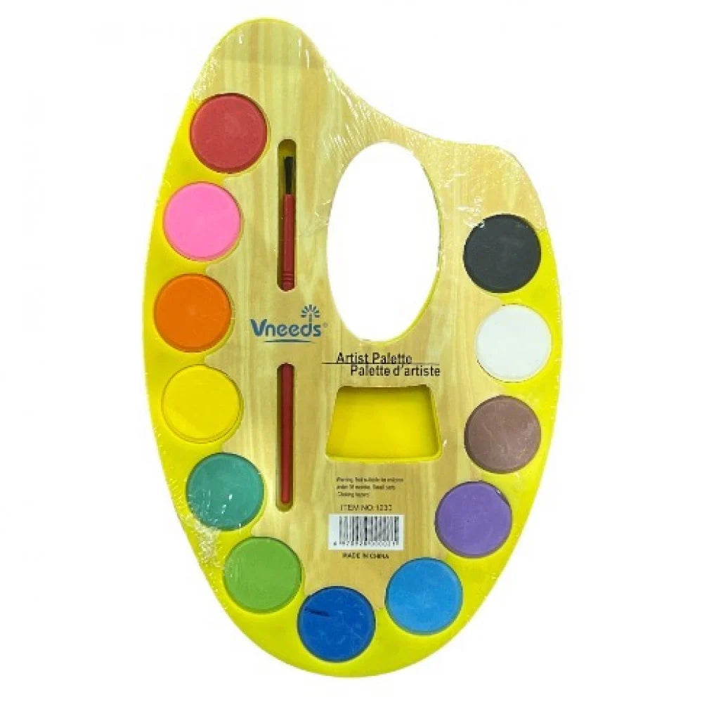 Vneeds Artist Palette Watercolor Set | 12 Vibrant Color Cakes with Paintbrush for Kids