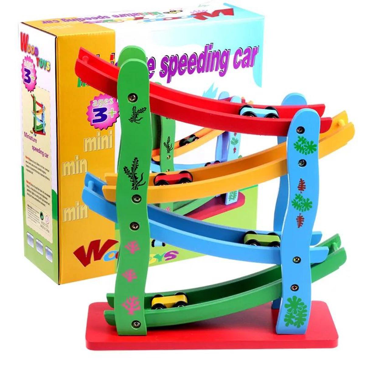 Khelaghor Toys Wooden Racing Cars | 4-Level Zig-Zag Track Set with 4 Cars for Toddlers