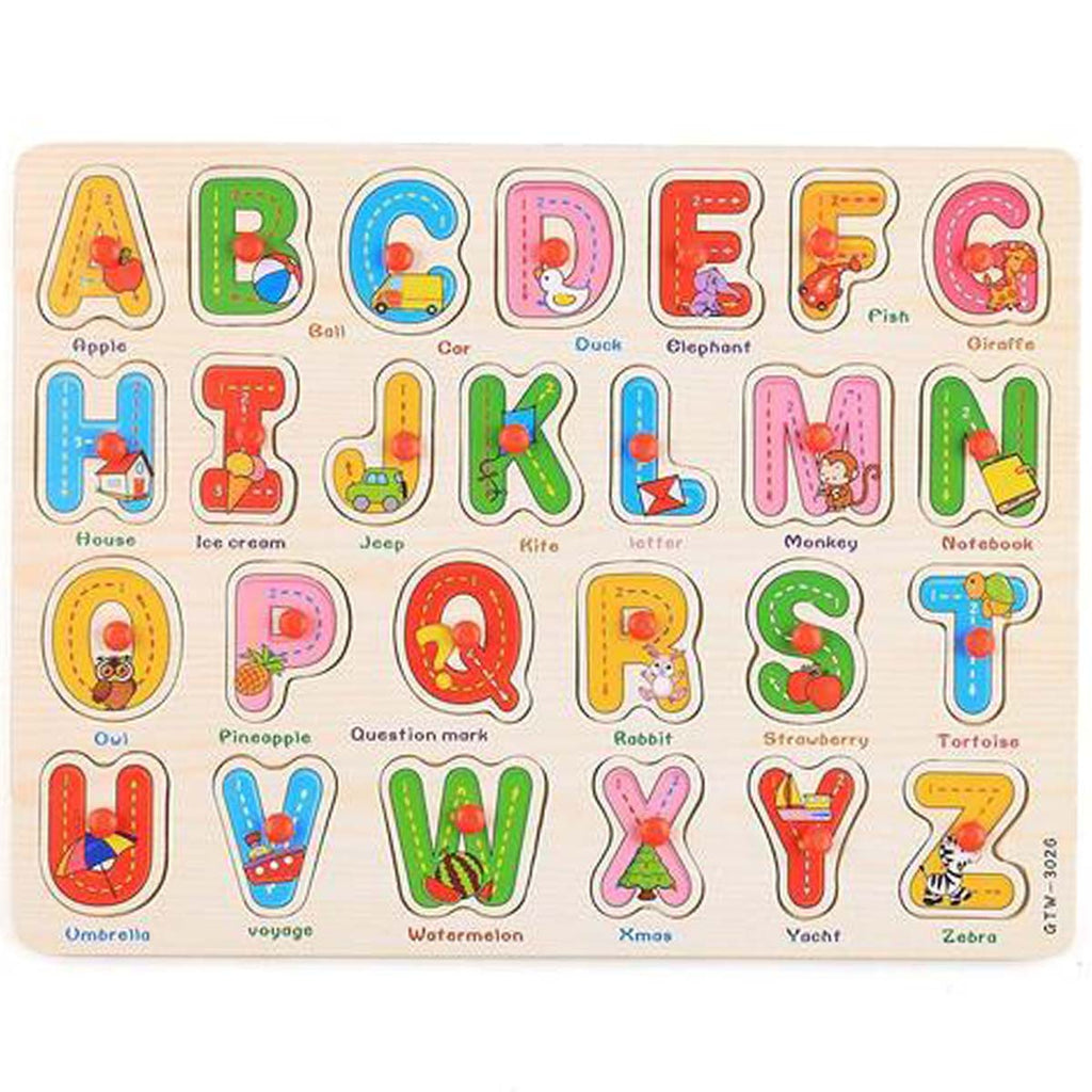 Wooden Alphabet Puzzle Board - ABC Learning Toy with Pictures for Ages 2+