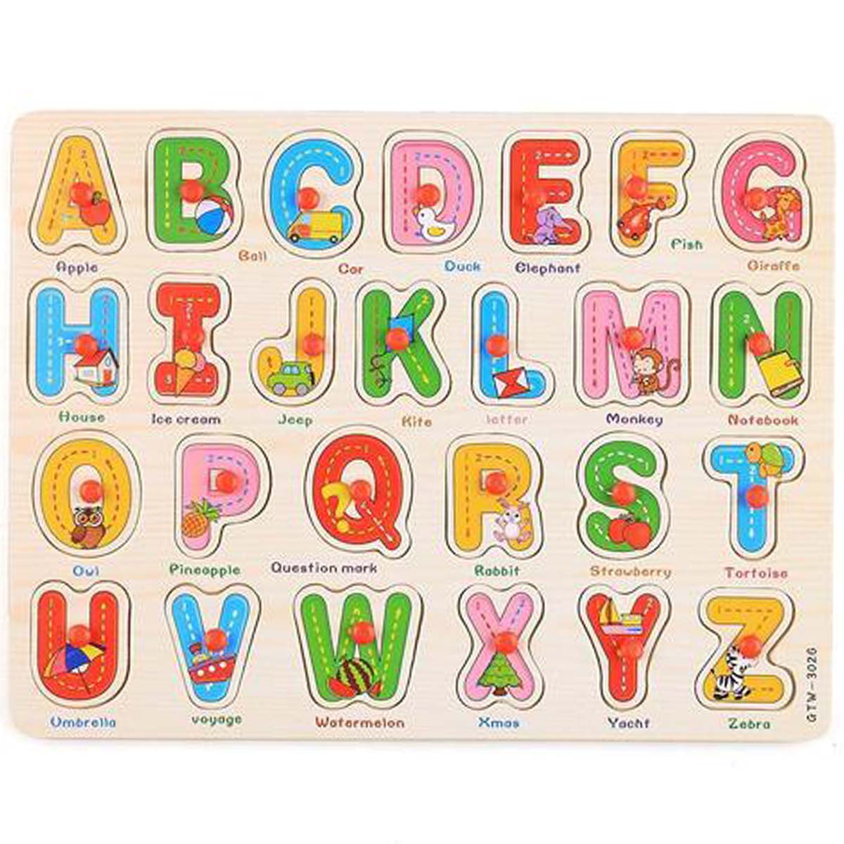 Wooden Alphabet Puzzle Board - ABC Learning Toy with Pictures for Ages 2+