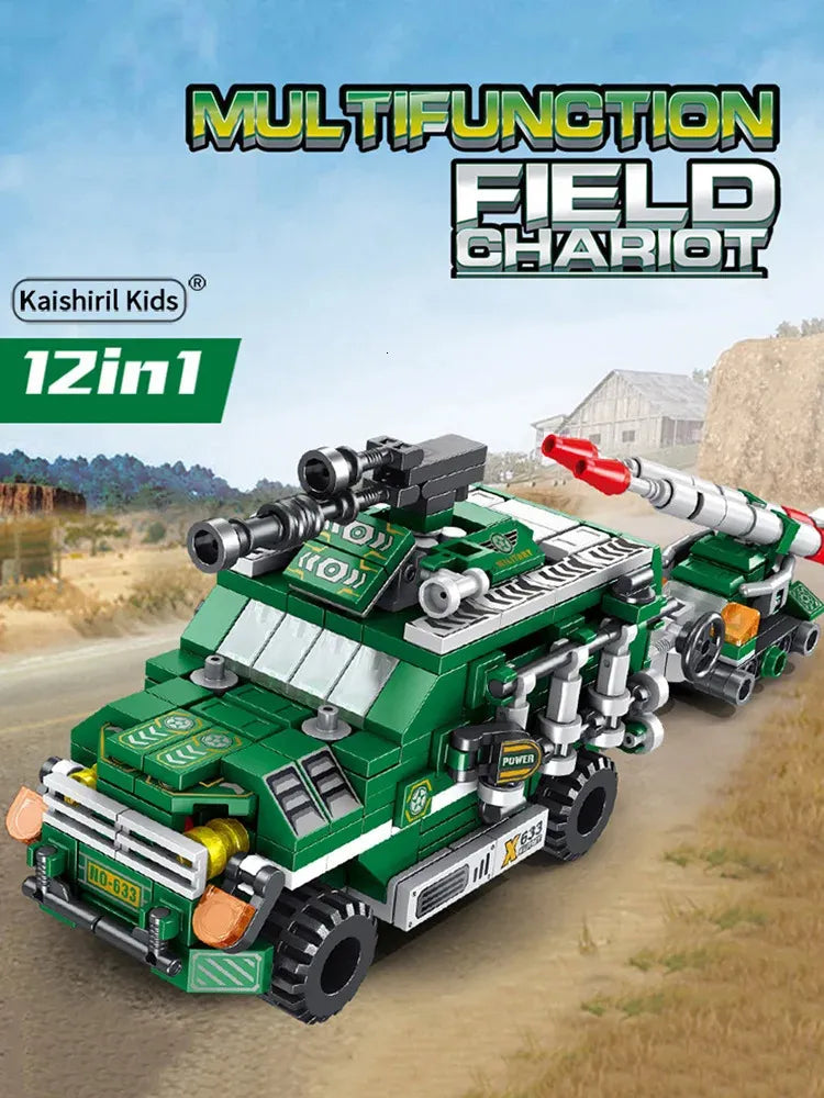 Panlos Military Building Blocks - 573 Pieces, 12-in-1 Transport Vehicles | 25 styles in 1 block