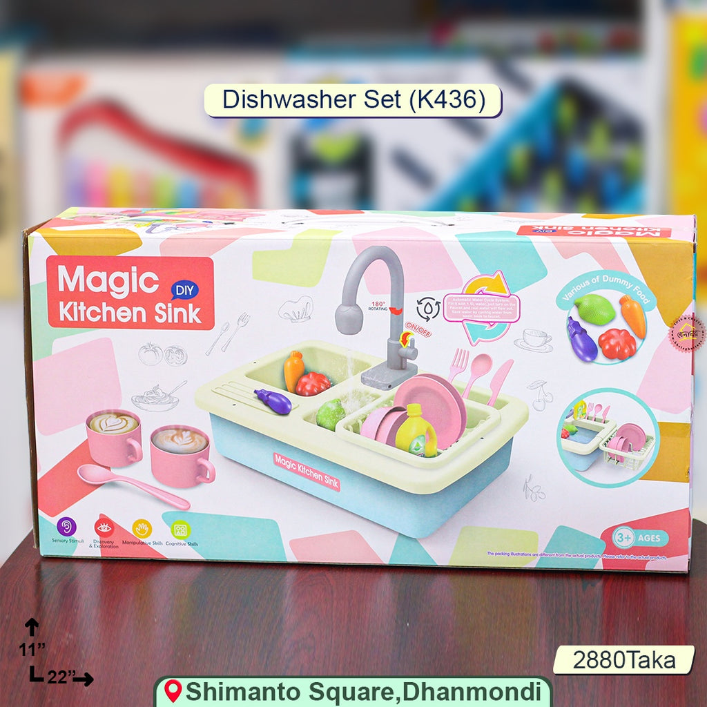 Magic Kitchen Sink Dishwasher Set – Electric Water Faucet, Play Dishes & Food (Model K436)