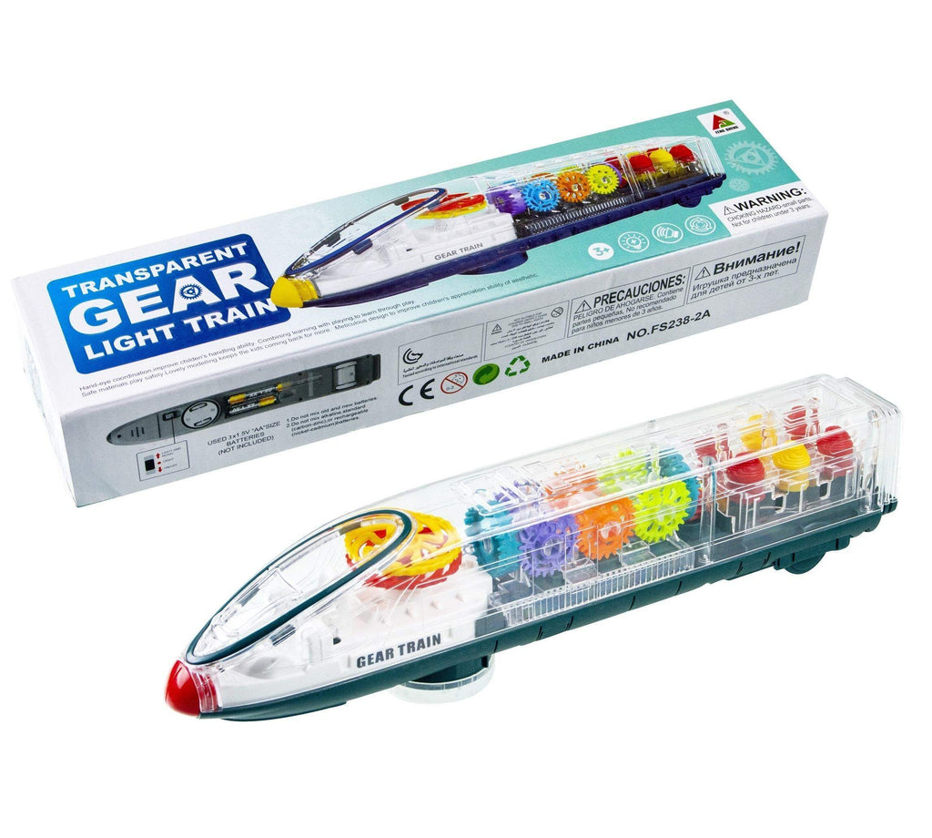 Transparent Gear Light Train – 3D Moving Gears, LED Lights, Bump-and-Go & Sound (Model V434)