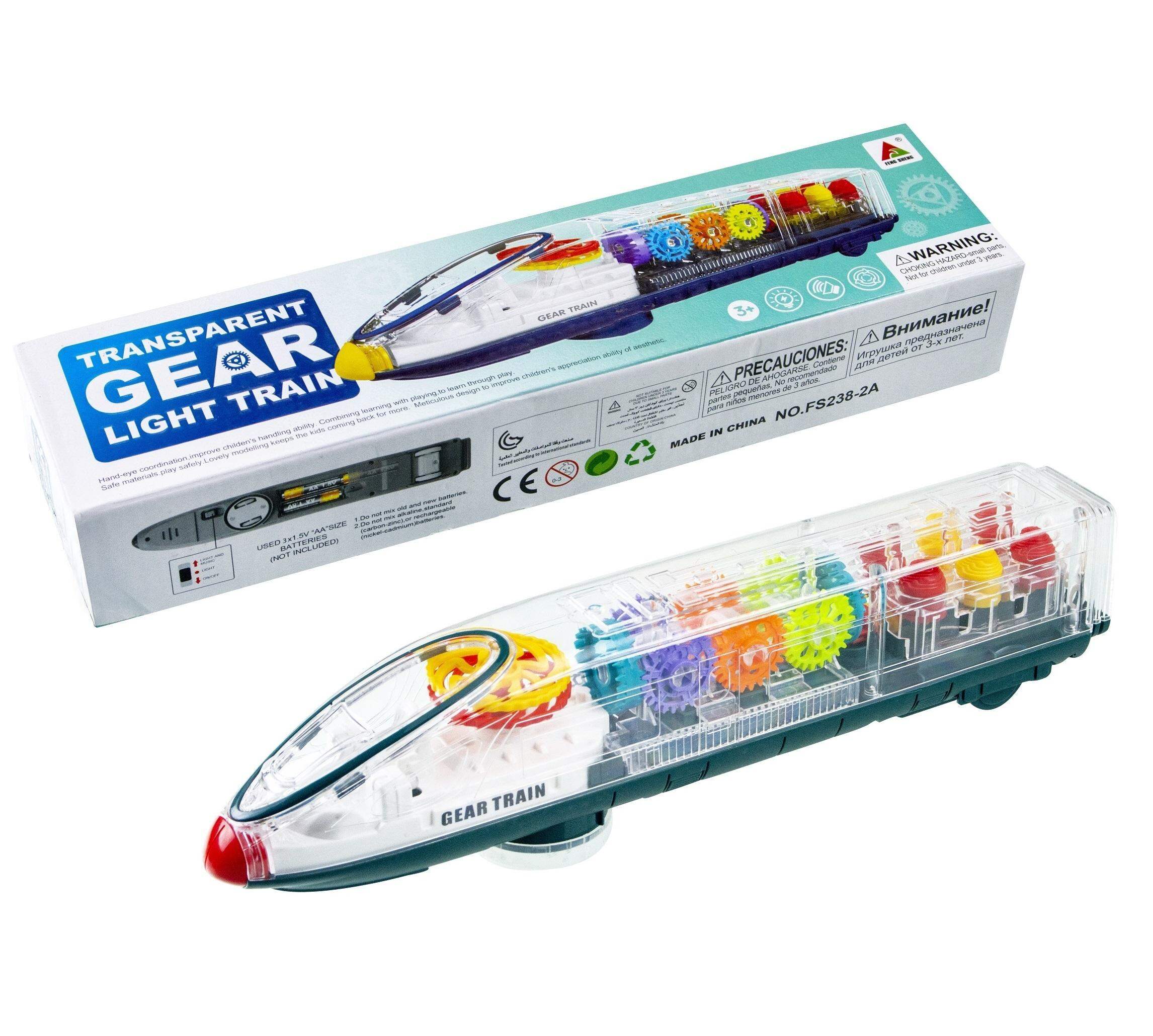 Transparent Gear Light Train – 3D Moving Gears, LED Lights, Bump-and-Go & Sound (Model V434)