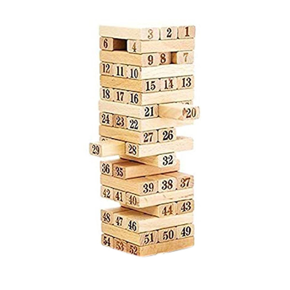 Numbered Wooden Jenga Stacking Game – 54-Piece Block Tower with 4 Dice