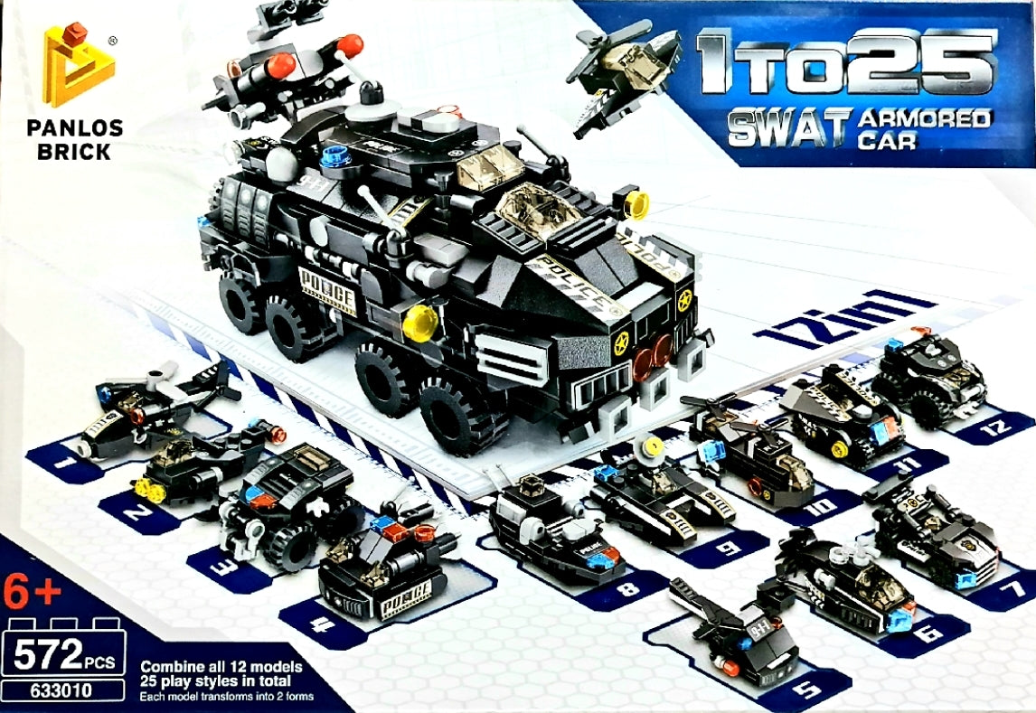 Panlos Brick SWAT Armored Car Building Block Set - 572 Pieces, 12 Models, 25 Play Styles ( 1 in 25 styles )
