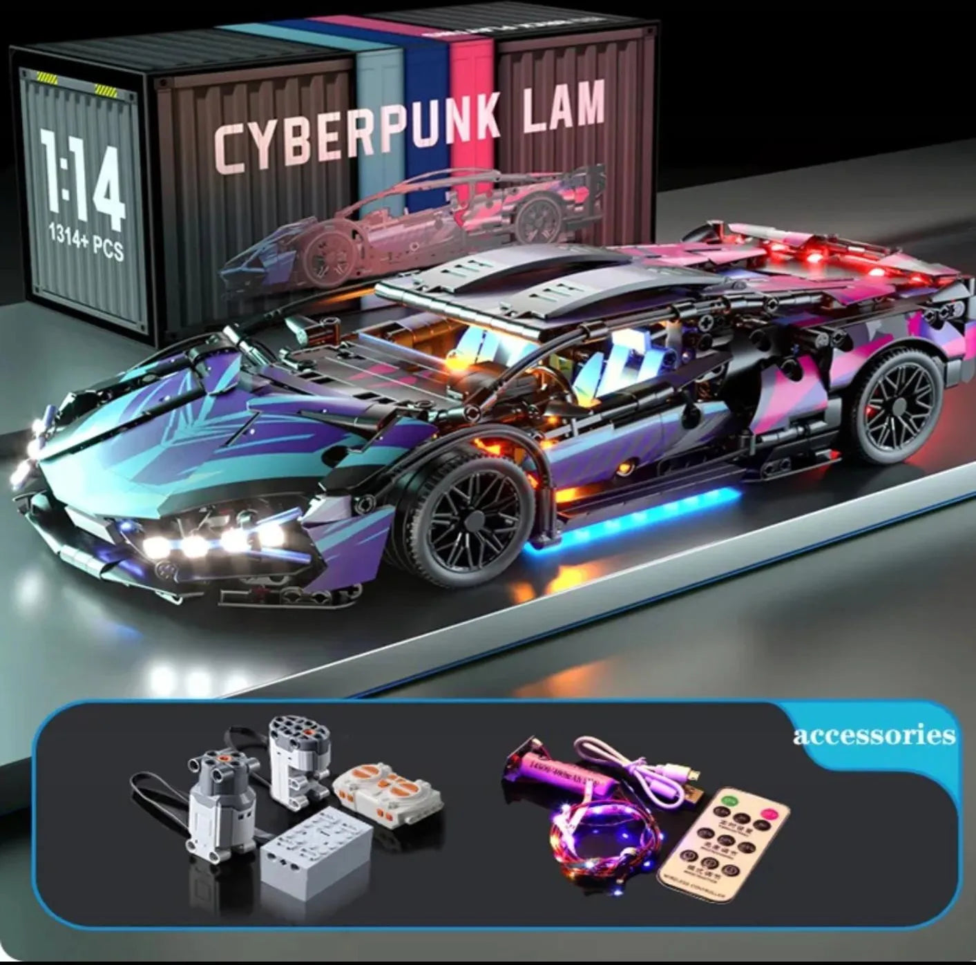 Merkloos Lamborghini Cyberpunk 1314+ Building Blocks | LED Light-Up Car Model