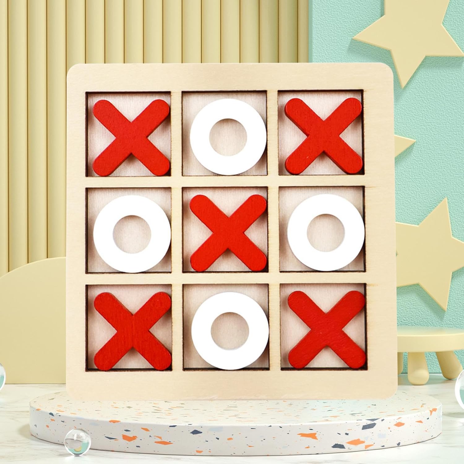 Tik Tek Teo ;CWooden Tic Tac Toe Game Set for Family Fun ; Red And Yellow